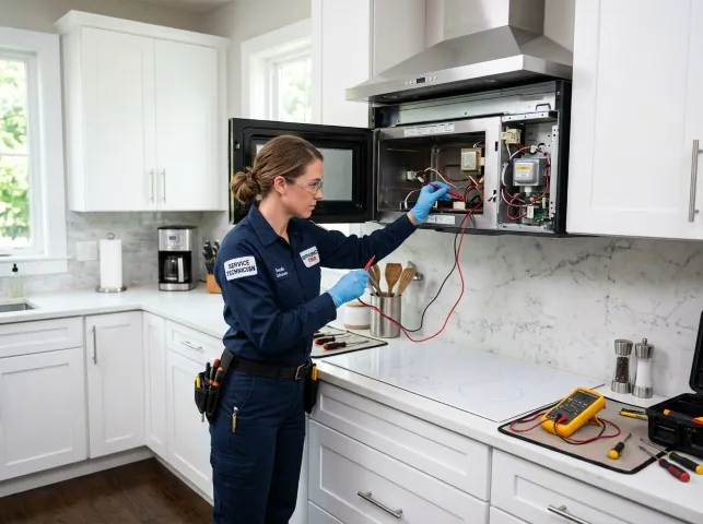 Appliance Repair Hero technician testing an over-the-range microwave in a Allamuchy, NJ kitchen